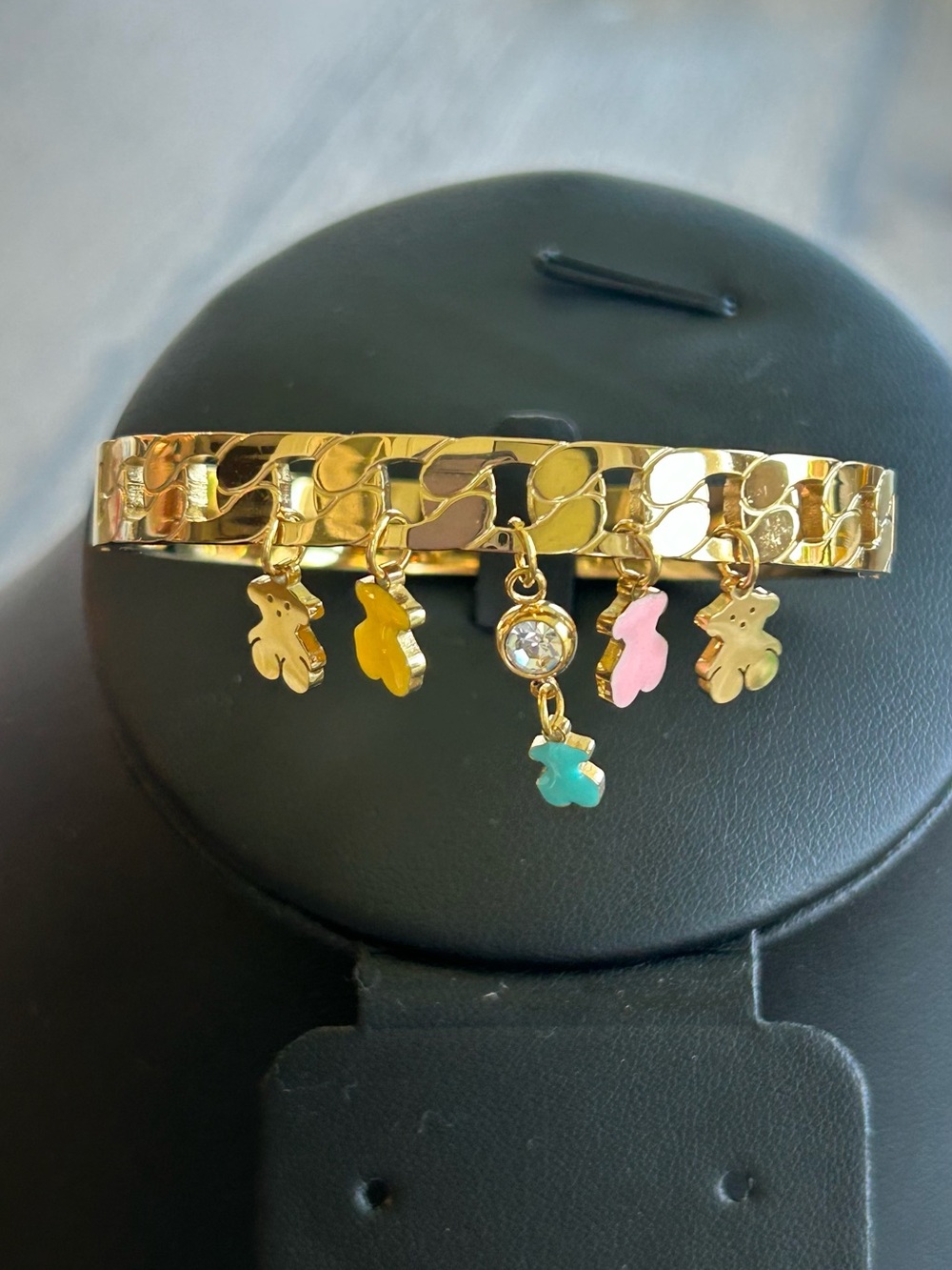 Fashion Jewelry Gold-Tone Bangle with Multicolor Enamel Bear Charms